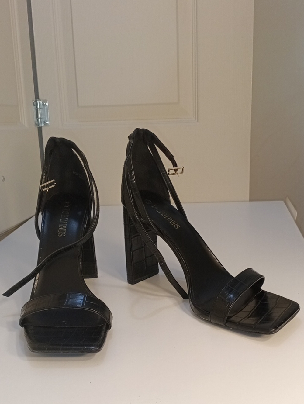 Dream Pairs Black Croc-Embossed Square Toe 4.5 Inch Block Heel Sandals